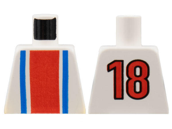 Lego Torso Soccer Vertical Red and Blue Stripes and Number 18 on Back Pattern / White