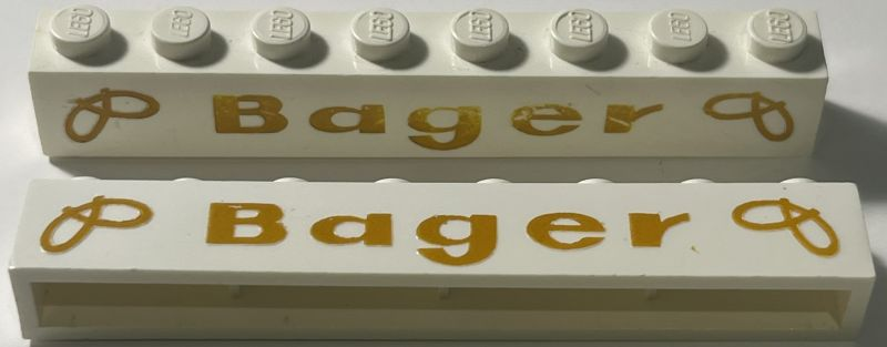 Lego Brick 1 x 8 without Bottom Tubes with Cross Side Supports with Light Gold 'Bager' and Pretzels Wide Small Pattern