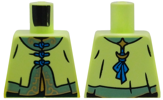 Lego Torso Tang Jacket, Dark Azure Laces, Sand Green Collar and Hem with Gold Filigree Pattern / Yellowish Green