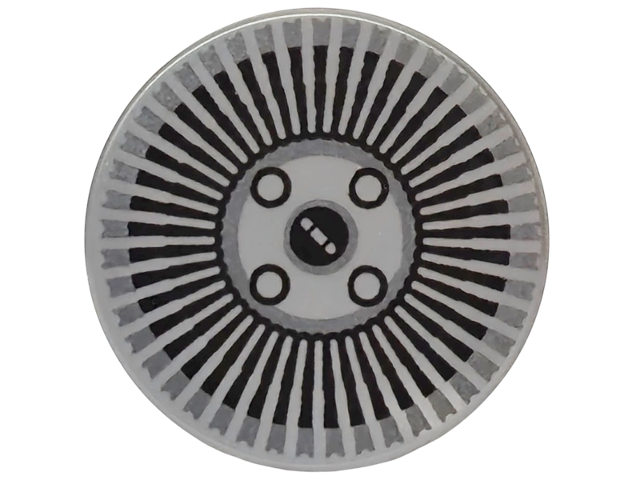 Lego Tile, Round 2 x 2 with Bottom Stud Holder with Hubcap with Black Radial Stripes and Wheel Bolts Pattern