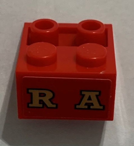 Lego Slope, Inverted 45 2 x 2 with Flat Bottom Pin with Gold 'RA' Pattern (Sticker) - Set 71044 / Red