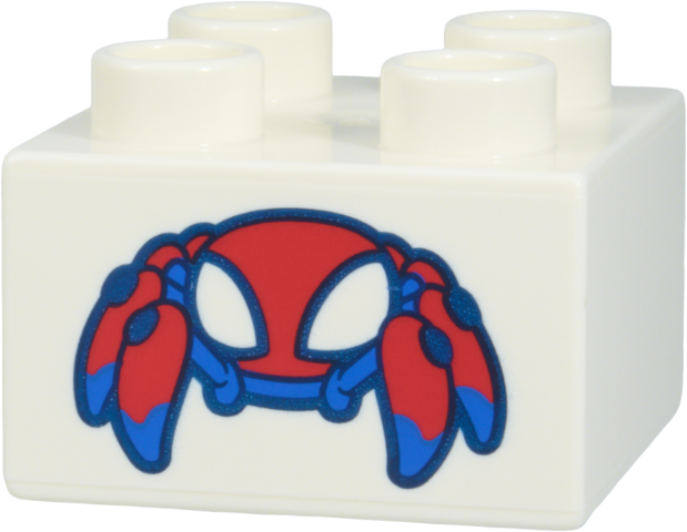 Lego Duplo, Brick 2 x 2 with Red and Blue Spider Robot (Spider-Man Trace-E), Large White Eyes, and Dark Blue Outlines Pattern