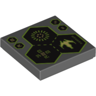 Lego Tile 2 x 2 with 3 Hexagons, Spaceship and Alien Characters Print / Dark Bluish Gray