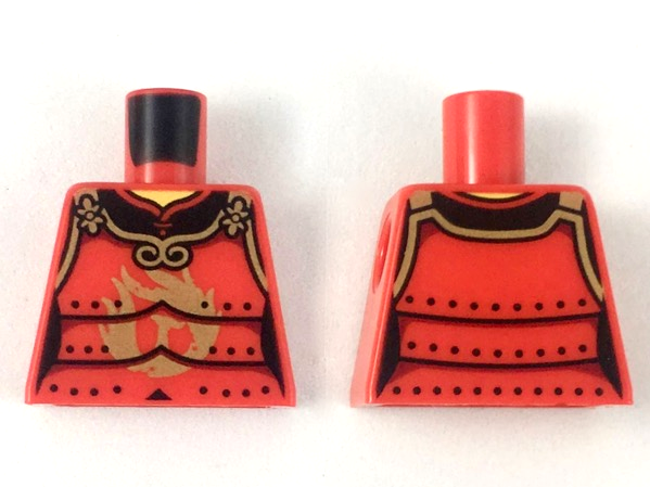 Lego Torso Ninjago Female Samurai Armor in 3 Sections with Gold Clasps, Trim and Phoenix Logo Pattern / Red