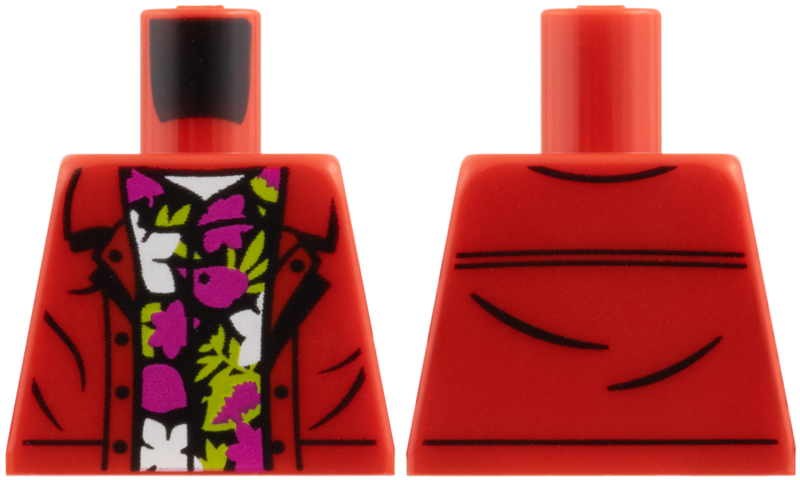 Lego Torso Jacket Open, Black Hawaiian Shirt with Lime Leaves, White and Magenta Flowers Pattern / Red