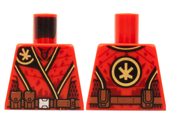 Lego Torso Tunic, Gold Ninjago Logogram Letter K, Dark Red Mesh, Reddish Brown Belt Pattern / Red