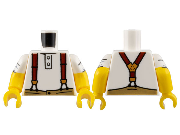 Lego Torso Shirt with 2 Buttons, Dark Red Suspenders with Gold Clasps, Dark Tan Pants Pattern / Yellow Arms with White Short Sleeves, Rolled Pattern / Yellow Hands