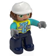Lego Duplo Figure with Construction Helmet White, Reddish Brown Hair, with Vibrant Yellow Vest, Dark Blue Legs