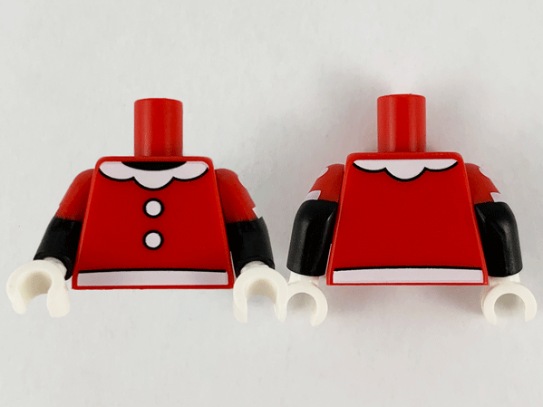 Lego Torso White Belt, Buttons and Scalloped Collar with 3 Sections, Black Neck Pattern / Black Arms with Molded Red Short Sleeves and Printed White Dots and Cuffs Pattern / White Hands