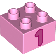 Lego Duplo Brick 2 x 2 with '1' Print / Bright Pink