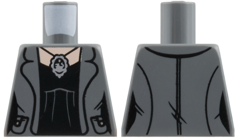 Lego Torso Female Jacket Open with Pockets, Black Top, Silver Pendant Necklace, Light Nougat Neck Pattern / Dark Bluish Gray