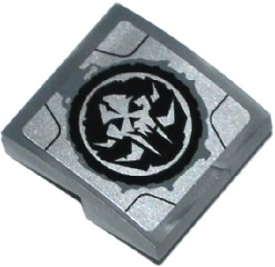 Lego Slope, Curved 2 x 2 x 2/3 with Alien Skull in Black Circle and Dark Bluish Gray Worn Pattern (Sticker) - Set 70223 / Flat Silver