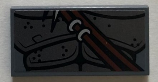 Lego Tile 2 x 4 with Pearl Dark Gray Armor and Metallic Silver Spikes on Reddish Brown Sash Lower Pattern (Sticker) - Set 76075 / Dark Bluish Gray