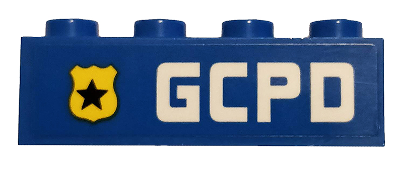 Lego Brick 1 x 4 with Yellow Badge with Black Star and 'GCPD' Pattern Model Left Side (Sticker) - Set 76120 / Blue