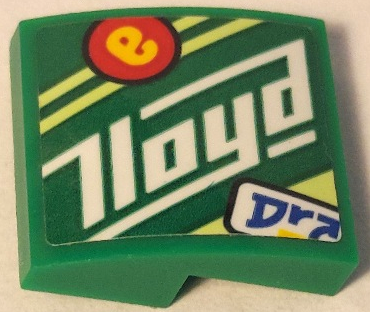 Lego Slope, Curved 2 x 2 x 2/3 with Blue 'Dra', White 'Lloyd', Yellow Lowercase Letter e in Red Circle and Yellowish Green Stripes Pattern Model Left Side (Sticker) - Set 71709