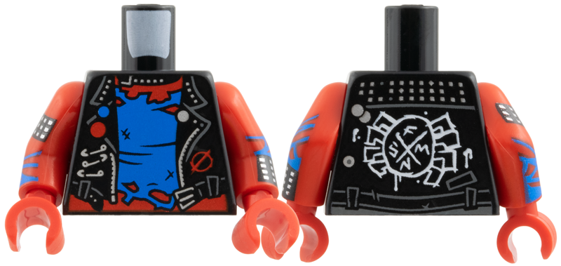 Lego Torso Biker Vest, Silver Trim, Belt Buckle and Safety Pins, Tattered Blue Shirt over Red Chest, Painted White Spider on Back Pattern / Red Arms with Blue Zigzags, Black Cuff with Silver Studs Pattern / Red Hands