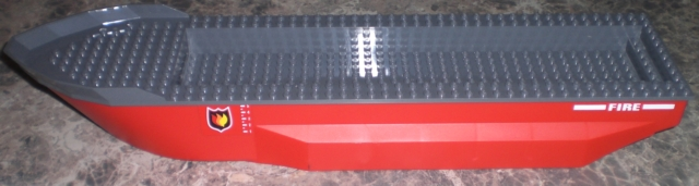 Lego Boat, Hull Unitary 51 x 12 x 6 with Side Bulges with Dark Bluish Gray Top with Fire Logo Pattern on Both Sides (Stickers) - Set 7207