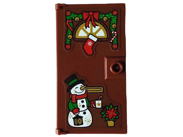 Lego Door 1 x 4 x 6 with Stud Handle with Gold Window and Letterbox, Christmas Decoration, White Snowman, Red and Green Plant Pattern (Stickers) - Set 4002023 / Reddish Brown