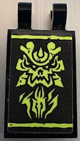 Lego Tile, Modified 2 x 3 with 2 Open O Clips with Yellowish Green Ninjago Dragon Head and Stripes Pattern (Sticker) - Set 71785