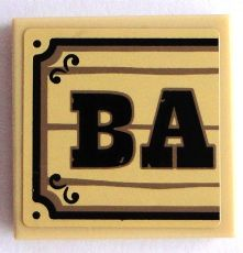Lego Tile 2 x 2 with Black 'BA' on Wood Plaque Background Pattern (Sticker) - Set 70800