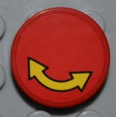 Lego Tile, Round 2 x 2 with Black Outlined Yellow Curved Arrow Double on Red Background Pattern (Sticker) - Set 4645 / Red