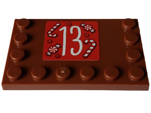 Lego Tile, Modified 4 x 6 with Studs on Edges with White Number 13 and Candy on Red Square Pattern (Sticker) - Set 4002023