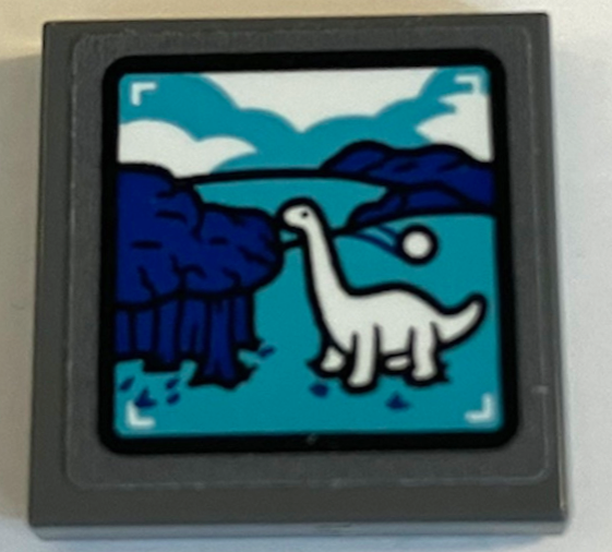 Lego Tile 2 x 2 with White Brachiosaurus, Blue Trees, Dark Turquoise Hills and Clouds on Screen Pattern (Sticker) - Set 75941 / Dark Bluish Gray