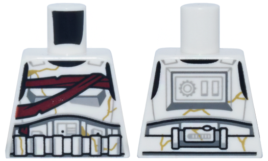 Lego Torso SW Armor Stormtrooper, Simplified Armor with Shoulder Belts, Dark Red Bandages Around Chest, Gold Cracks Pattern / White