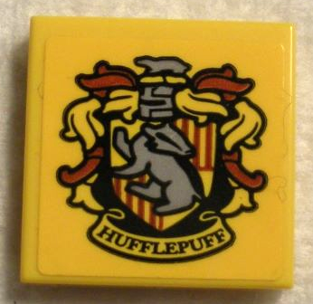 Lego Tile 2 x 2 with HP 'HUFFLEPUFF' House Crest with Red Plumes on Yellow Background Pattern (Sticker) - Set 75956