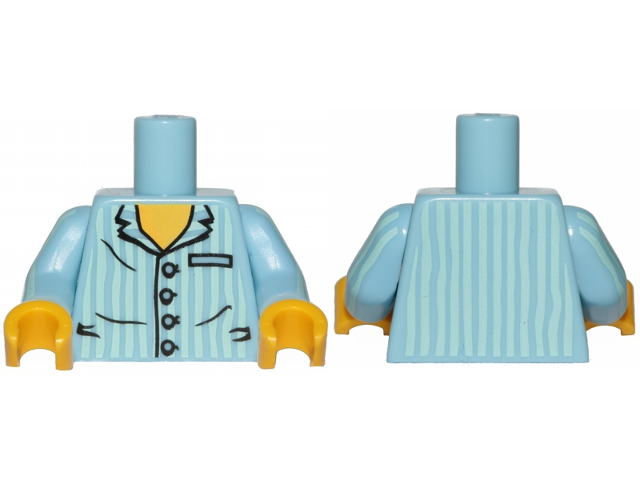 Lego Torso Pajamas Shirt with Buttons, Pocket, and Vertical Light Aqua Stripes, Yellow Neck Pattern / Bright Light Blue Arms with Light Aqua Stripes Pattern / Yellow Hands