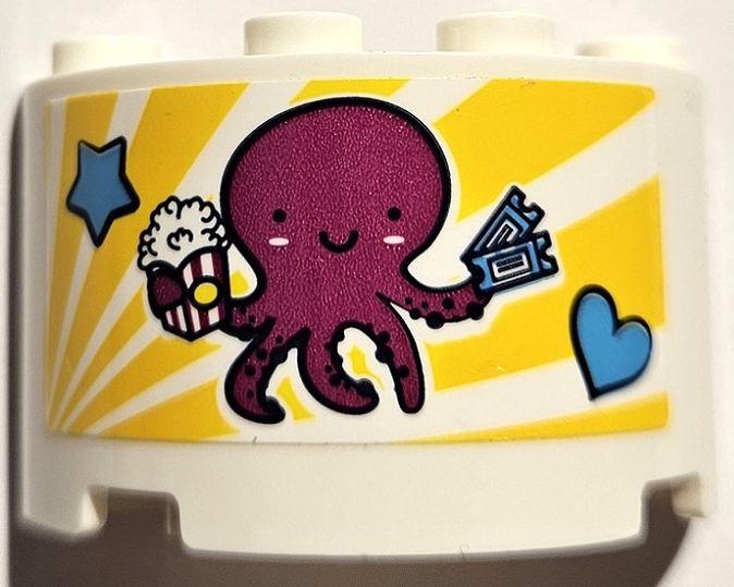 Lego Cylinder Half 2 x 4 x 2 with 1 x 2 Cutout with Magenta Octopus with Popcorn and Tickets, Yellow Stripes, Medium Azure Star and Heart Pattern (Sticker) - Set 41373