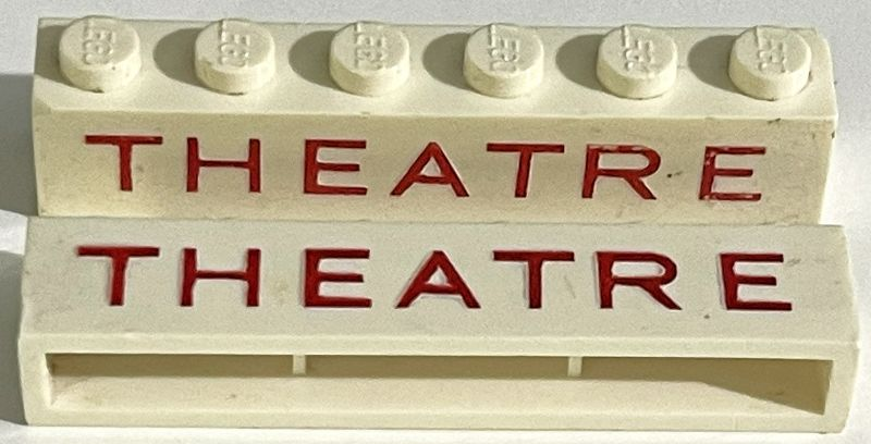 Lego Brick 1 x 6 without Bottom Tubes with Cross Side Supports with Red 'THEATRE' Sans-Serif Thin (Letters Wide) Pattern / White