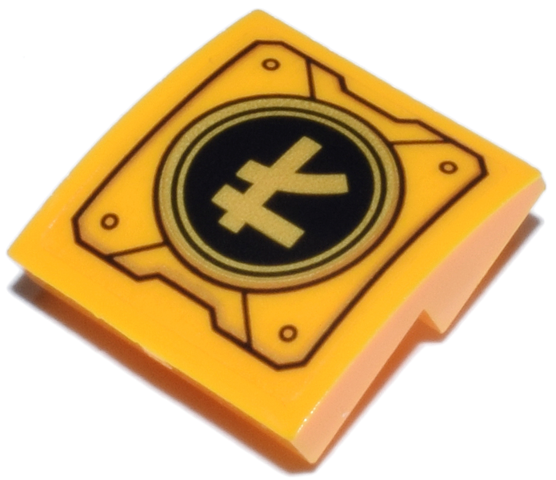 Lego Slope, Curved 2 x 2 x 2/3 Inverted with Mechanical Panel with Ninjago Logogram Letter L on Black and Gold Circle Pattern (Sticker) - Set 71837