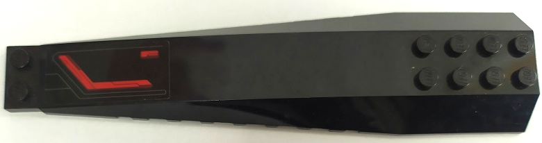 Lego Wedge 16 x 4 Triple Curved with Reinforcements with Red Stripes and Bent Dark Bluish Gray Lines Pattern Model Left Side (Sticker) - Set 76087 / Black