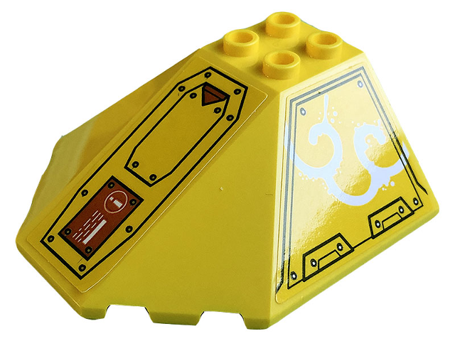 Lego Windscreen 6 x 6 x 2 Canopy with Panel with Hull Plates, Silver Dots, Red Hatch with Exclamation Mark and White Smoke Clouds Pattern Model Left Side (Stickers) - Set 80008 / Yellow