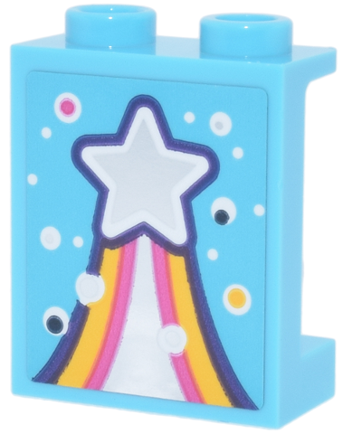 Lego Panel 1 x 2 x 2 with Side Supports - Hollow Studs with Mirror Star, Dark Purple, Yellow and Dark Pink Trail and Dots Pattern (Sticker) - Set 42661 / Medium Azure