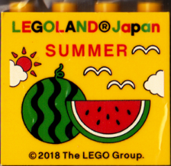 Lego Brick 2 x 4 x 3 with LEGOLAND Japan, 'SUMMER', Sun, Clouds, Birds, and Watermelon Pattern / Yellow