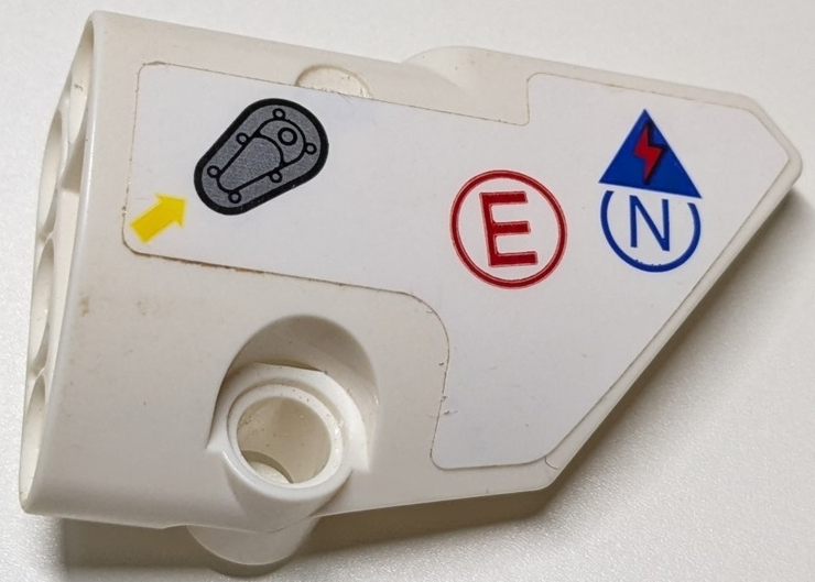 Lego Technic, Panel Fairing # 2 Small Smooth Short, Side B with Yellow Arrow, Silver Latch, Blue and Red Electricity Danger Sign, Capital Letter E and N in Circles Pattern (Sticker) - Set 42125 / White