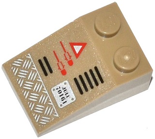 Lego Slope 33 3 x 2 with Tread Plate, Grille, Red Triangle and 'JULU 70161' Pattern Model Left Side (Sticker) - Set 70161 / Dark Tan