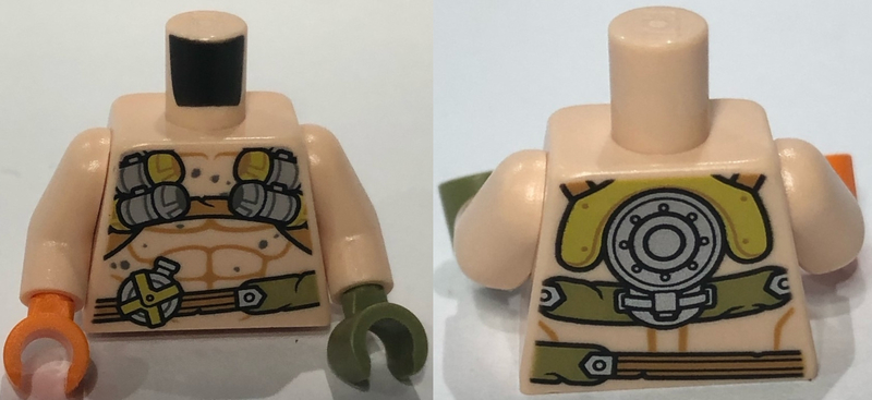 Lego Torso Bare Chest with Muscles Outline, Harness and Belt with Silver Canteen Pattern / Light Nougat Arms / Olive Green Hand Left / Orange Hand Right
