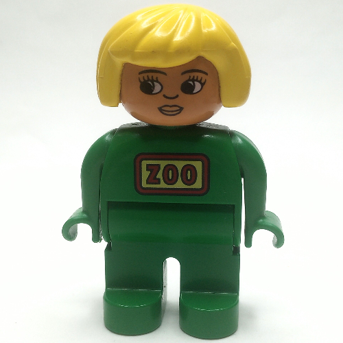 Lego Duplo Figure, Early, Hair Bob Yellow, Green Legs, Red 'ZOO' Logo Print / Green