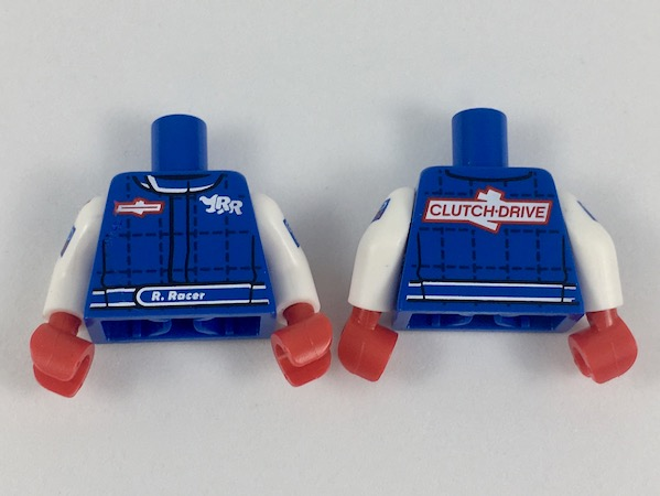 Lego Torso Racing Jacket with 'RR' and 'CLUTCH DRIVE' Logos Pattern / White Arms with Red Stripe and 'GRAND BRIX' Pattern / Red Hands