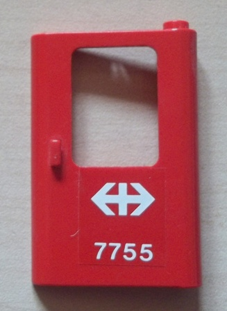 Lego Door 1 x 4 x 5 Train Right, Thin Support at Bottom with White Double Arrow (Swiss Federal Railways) and '7755' Pattern (Sticker) - Set 7755 / Red