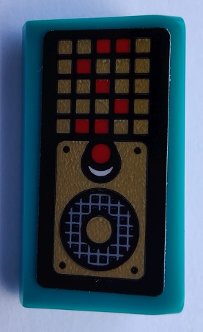 Lego Slope 30 1 x 2 x 2/3 with Red Button, Speaker Grille on Gold Background and Gold Pixelated Display with Letter S Pattern (Sticker) - Set 80012 / Dark Turquoise