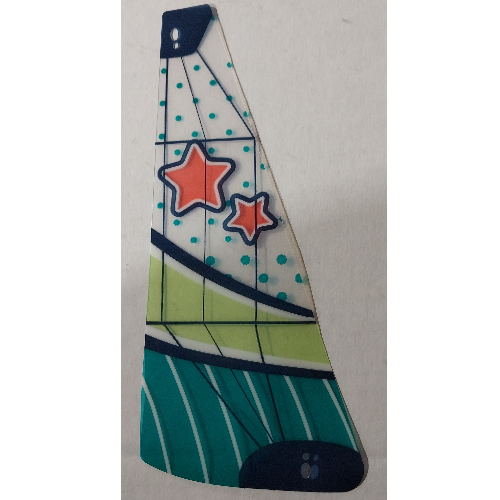 Lego Sail, Triangular, Small, 2 Corner Holes, Dark Turquoise and Yellowish-Green Panels, Coral Stars Print
