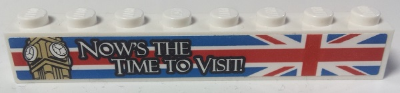 Lego Brick 1 x 8 with White 'NOW'S THE TIME TO VISIT' on United Kingdom Flag (Union Jack) Pattern (Sticker) - Set 40220