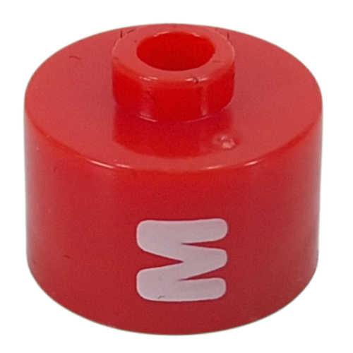 Lego Pen Bead, Round Long, Flat Edge with White 'M' Print / Red
