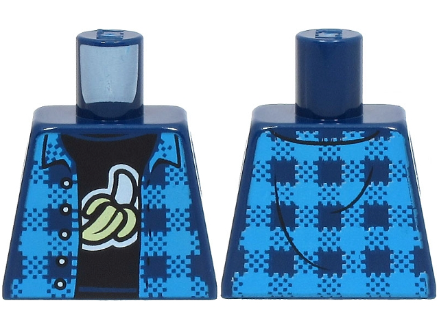 Lego Torso Dark Azure Flannel Shirt Open over Black T-Shirt with White and Bright Light Yellow Peeled Banana Pattern / Dark Blue