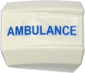 Lego Slope, Curved 2 x 2 Lip with Blue 'AMBULANCE' Pattern Model Right Side (Sticker) - Set 60086