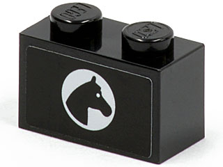 Lego Brick 1 x 2 with Horse Head in White Circle Pattern Model Right Side (Sticker) - Set 7635 / Black
